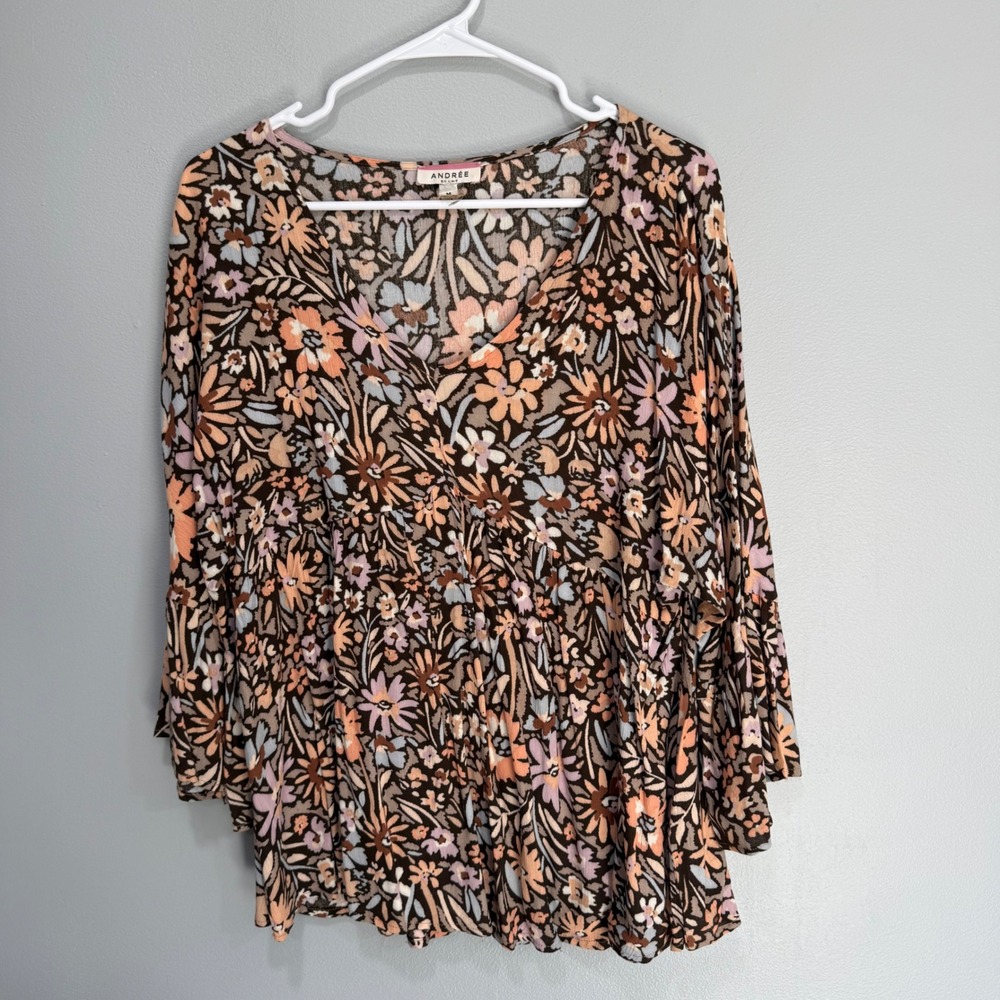 Andree by Unit Floral Babydoll Blouse Brown Orange Bell Sleeve Boho Top M 787-14